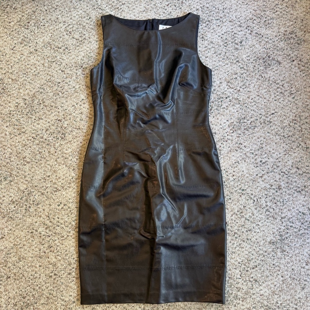 David Meister Brown Sleeveless Sheath Midi Faux Leather Dress